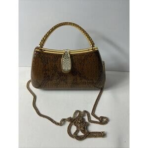 Vintage Faux Snakeskin Evening Bag Rhinestone Clasp Gold Handle Shoulder Chain